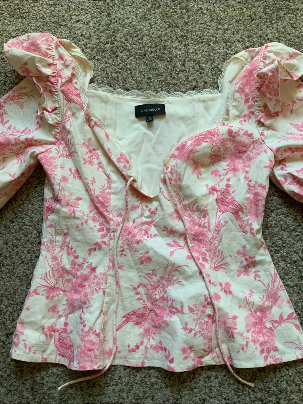MAJORELLE Cream Top with Pink Floral & Bird Print